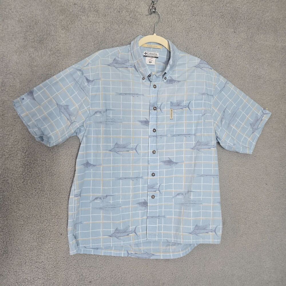 Columbia River Lodge men's short sleeve button up shirt marlin sailfish M Blue